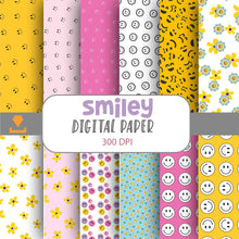 Load image into Gallery viewer, Retro Happy Face Seamless Pattern, Smiley Face, Daisy, Scrapbook Papers, Pattern Paper, Background, Wallpaper, Happy Face Pattern, 12*12inches -300dpi