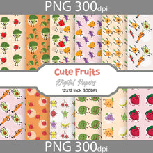 Load image into Gallery viewer, Cute Fruits, Fruit Friends Seamless Pattern, Digital Papers, Scrapbook Papers, Pattern Paper, Background, Wallpaper, Avocado, Strawberry, Watermelon, Carrot, Pumpkin, Banana, Apple, Cherry, Fruits Pattern, 12*12inches -300dpi