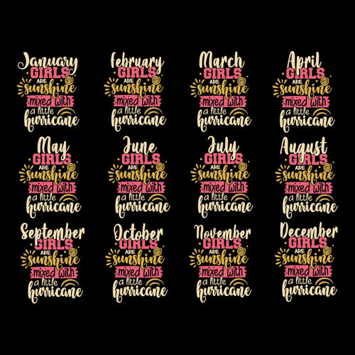 12 Birthday Months SVG, January Girls are sunshine mixed with a little hurricane, February Girls are sunshine mixed with a little hurricane, Birthday svg, Cricut File, Clipart, Bundle, Birthday svg, png, eps, dxf
