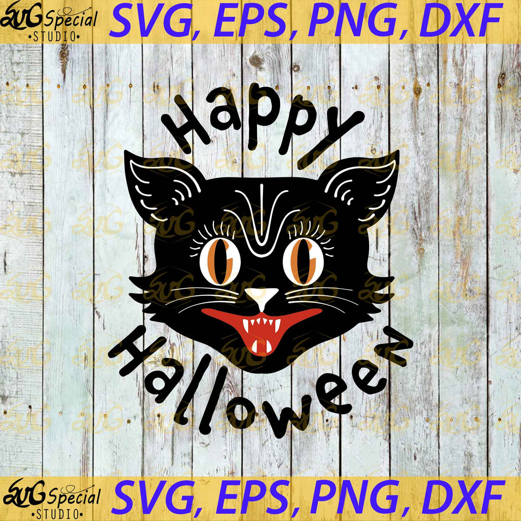 Happy Halloween Svg, Vintage Halloween Cat Svg, Black Cat Svg, Halloween Svg, Cricut File, Svg