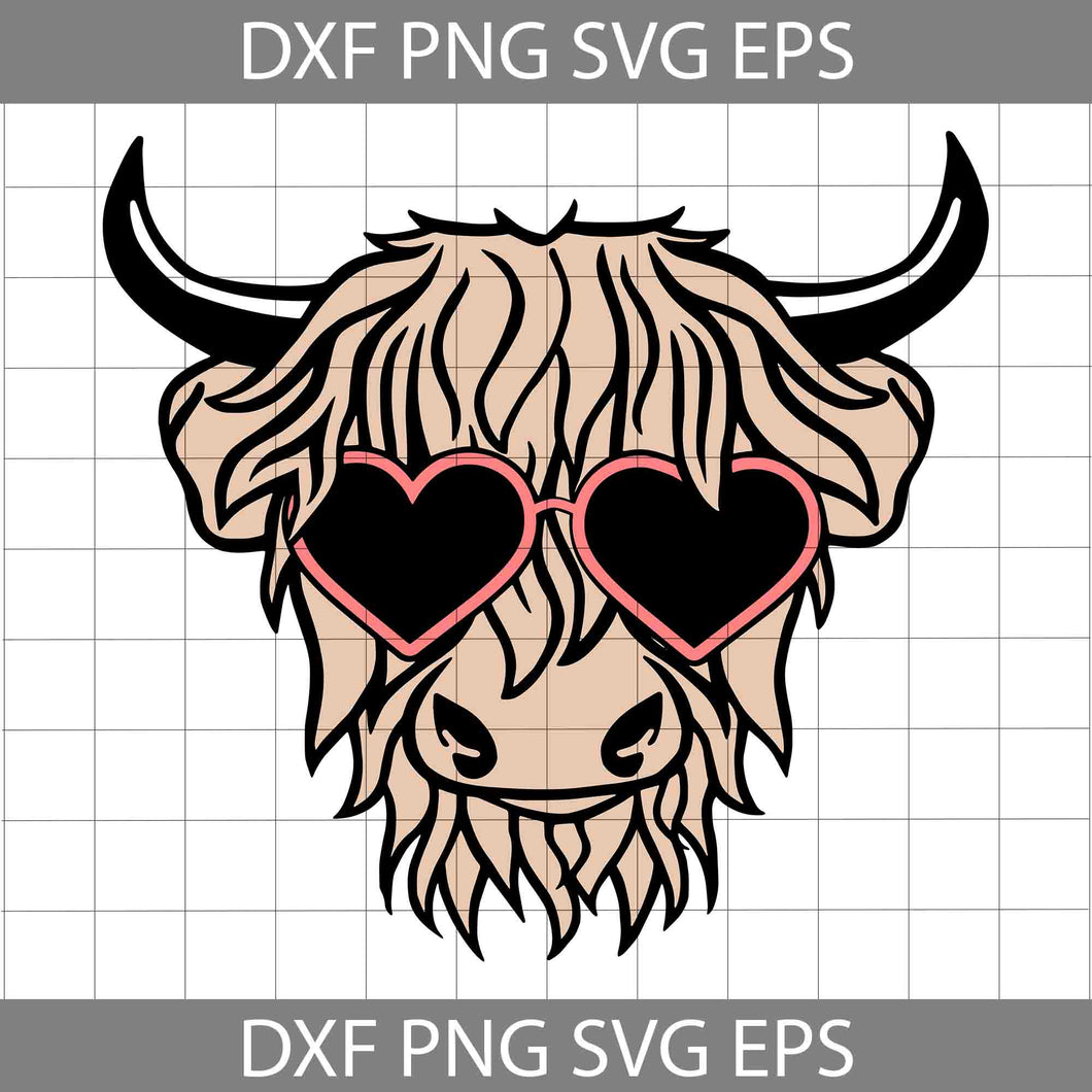 Highland cow with love heart sunglasses svg, Cow Head svg, Highland Cow Svg, Valentine's day Svg, Cricut File, Clipart, Svg, Png, Eps, Dxf