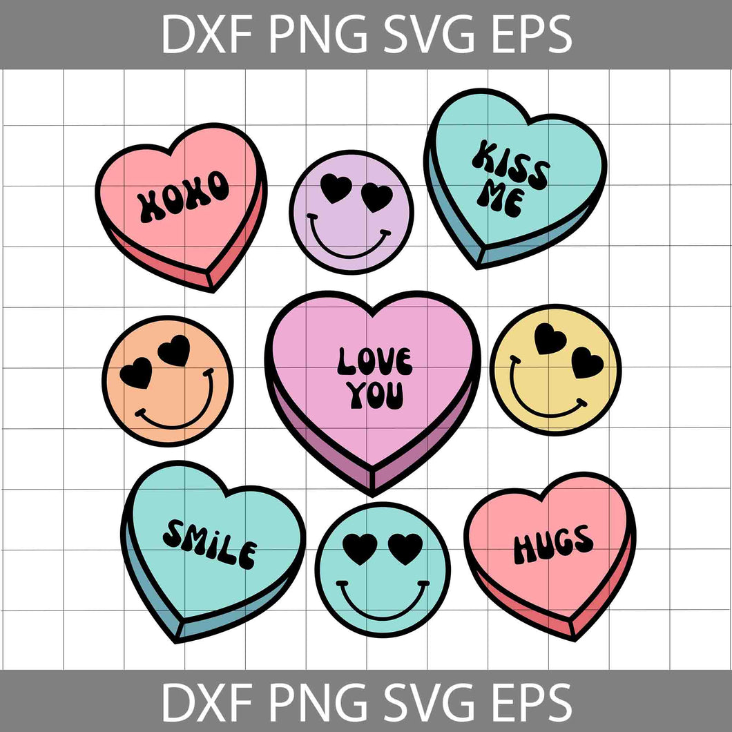 Conversation Hearts Svg, Valentine Heart SVg, Love You SVG, Kiss Me Svg, Xoxo Svg, Hugs Svg, Valentine's day svg, Cricut File, Clipart, Svg, Png, Eps, Dxf