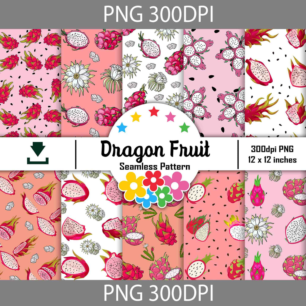 Dragon Fruit Seamless Pattern, Fruits Pattern, Scrapbook, Digital Paper, Wallpaper, Background, Dragon Fruit Pattern, 12*12inches -300dpi