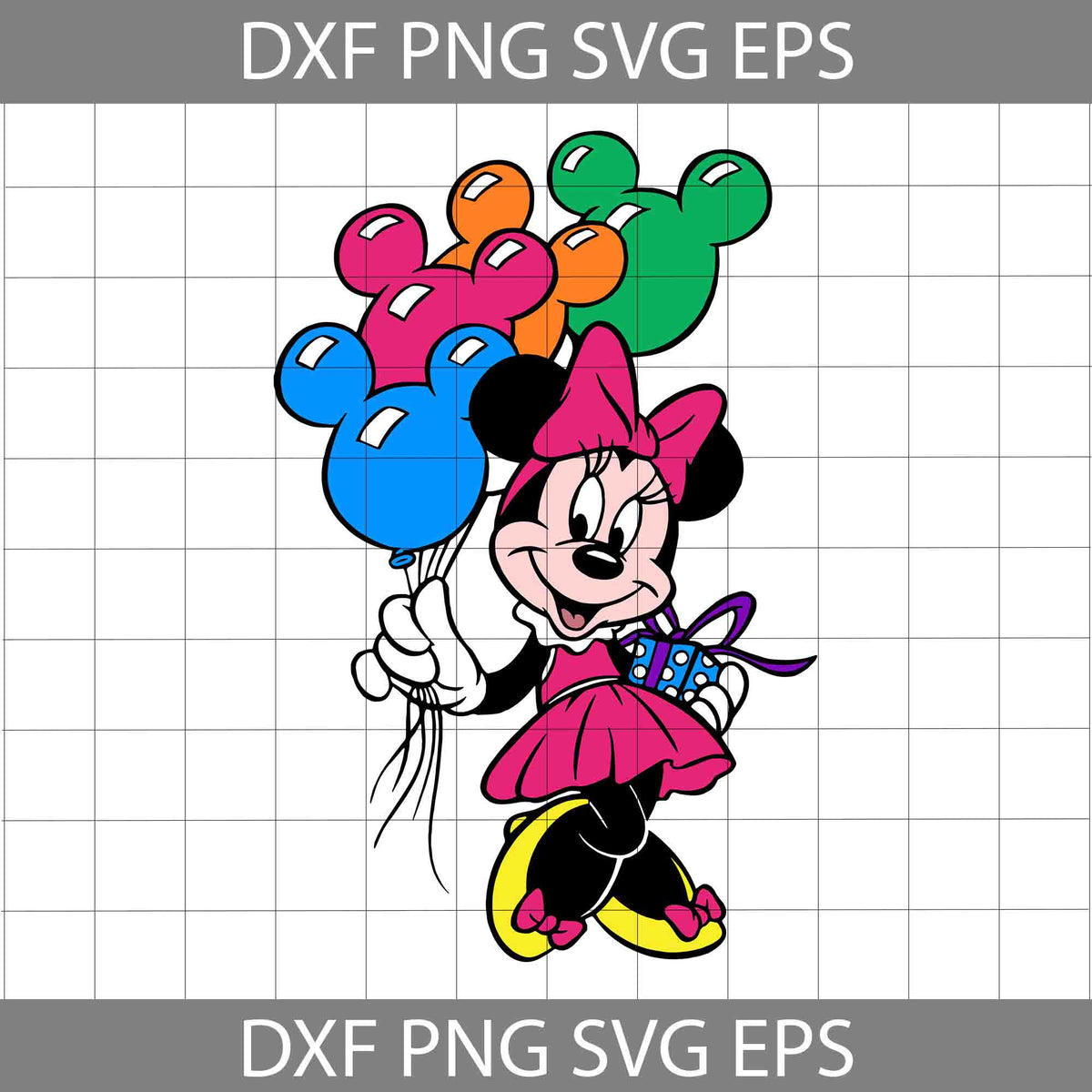 Minnie Balloons And Birthday Gift Box Svg, Minnie Mouse Svg, Cartoon ...