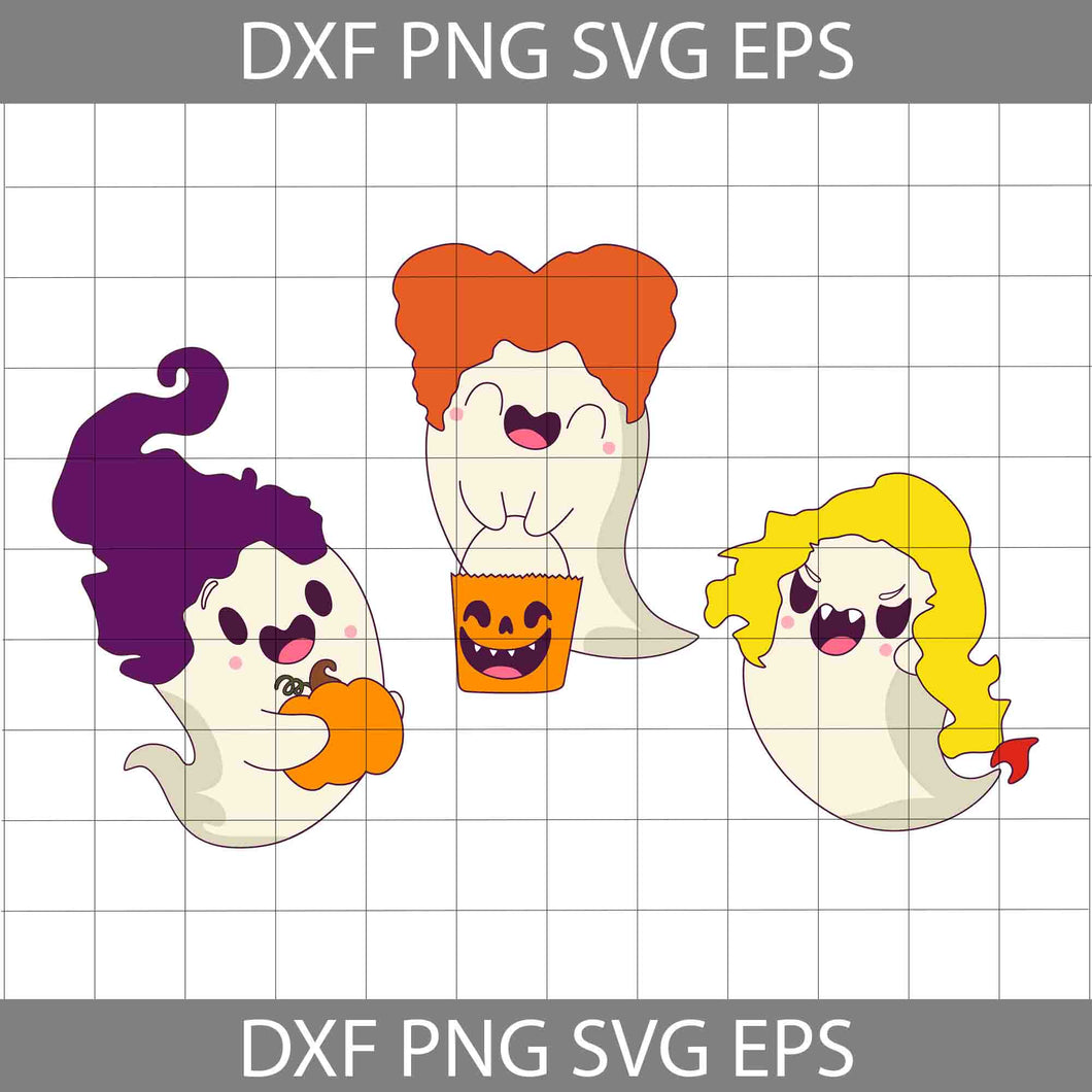 Boo Ghost x Sanderson Sisters Chibi SVG, Hocus Pocus SVG, Cute Gift Halloween Svg, Halloween Svg, Cricut File, Clipart, Svg, Png, Eps, Dxf