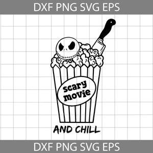 Scary Movies And Chill Svg, Popcorn Svg, Jack Skellington Svg, The Nightmare Before Christmas Svg, Halloween Svg, Cricut File, Clipart, Svg, Png, Eps, Dxf