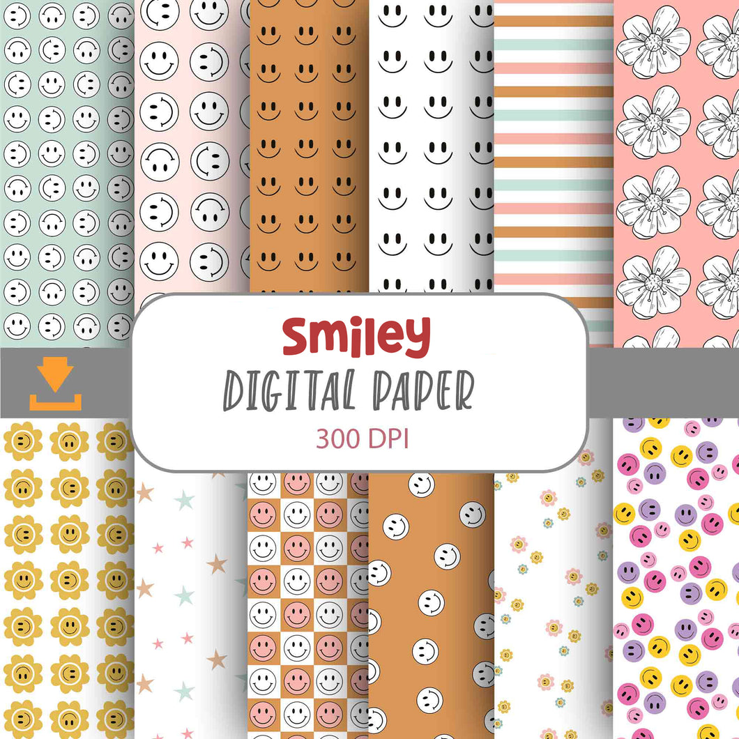 Groovy Retro, Retro Happy Face Seamless Pattern, Smiley Face, Digital Papers, Scrapbook Papers, Pattern Paper, Background, Wallpaper, Smiley Face Pattern, 12*12inches -300dpi