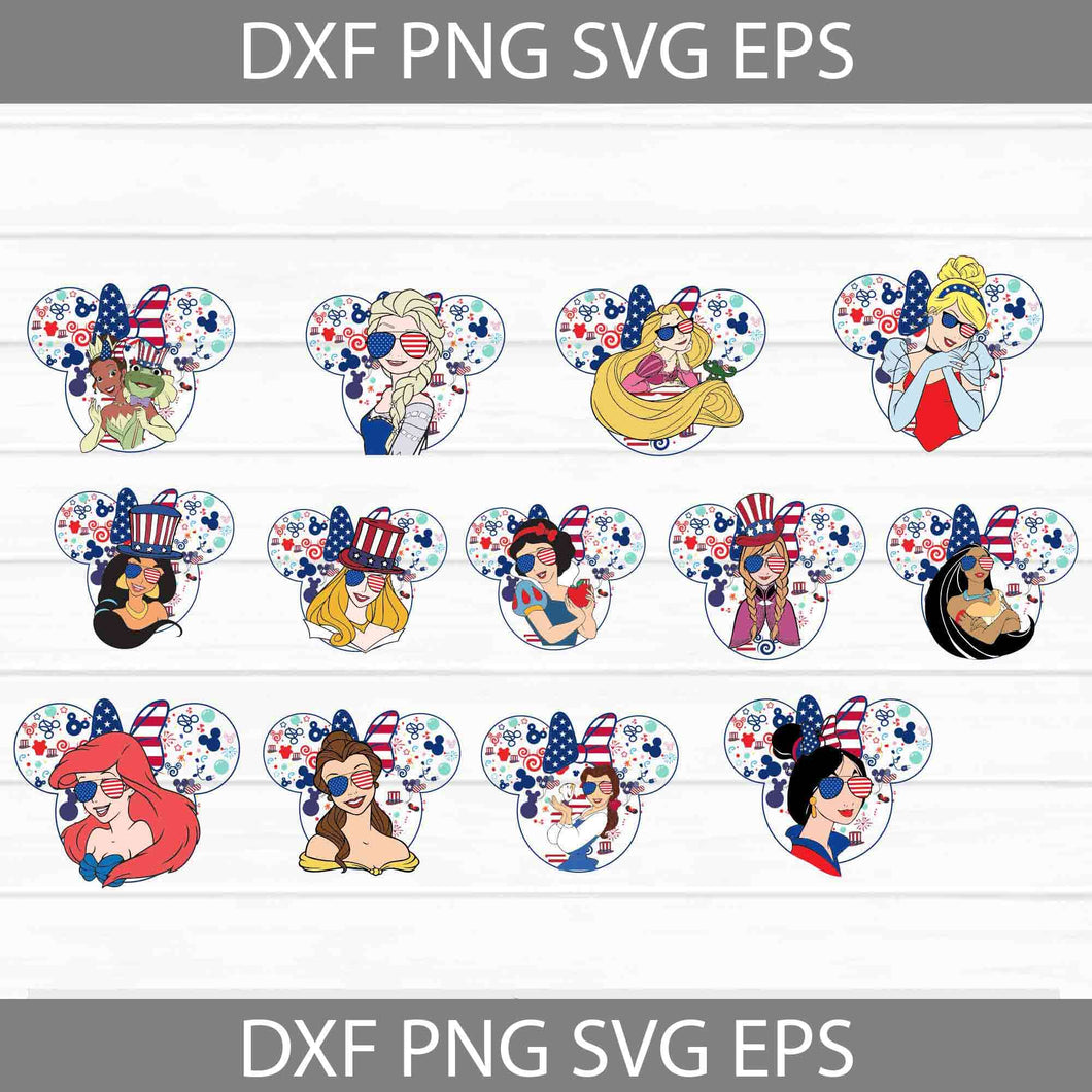 4th of july Princesses Svg, Jasmine Svg, Ariel Svg, Belle Svg, Mulan Svg, Elsa Svg, Rapunzel Svg, Mickey Mouse Ears Svg, Bundle, 4th Of July Svg, Independence Day Svg, America Svg, Cricut File, Clipart, Svg, Png, Eps, Dxf