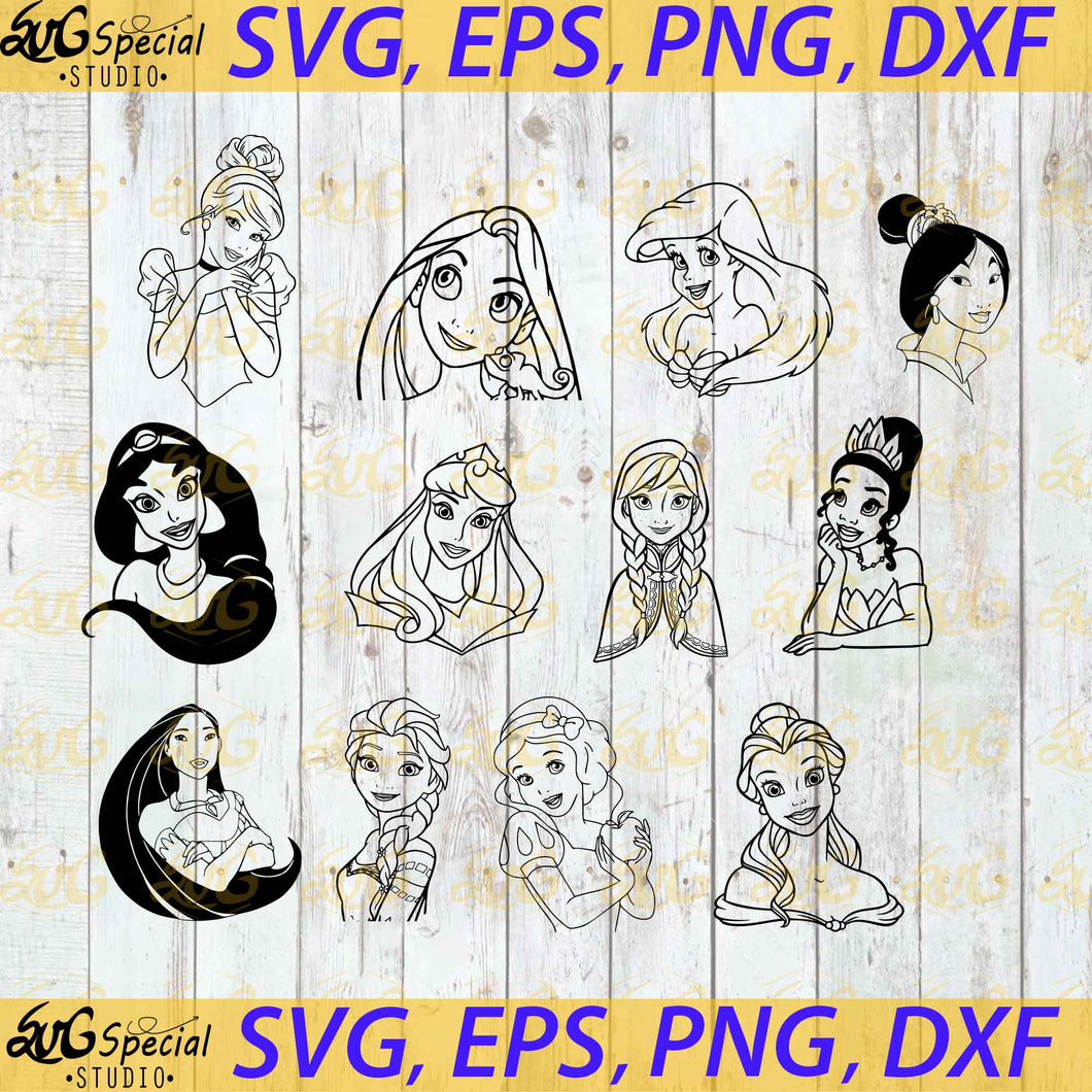 princesses silhouette svg, princesses face svg, Princess svg, Cartoon ...