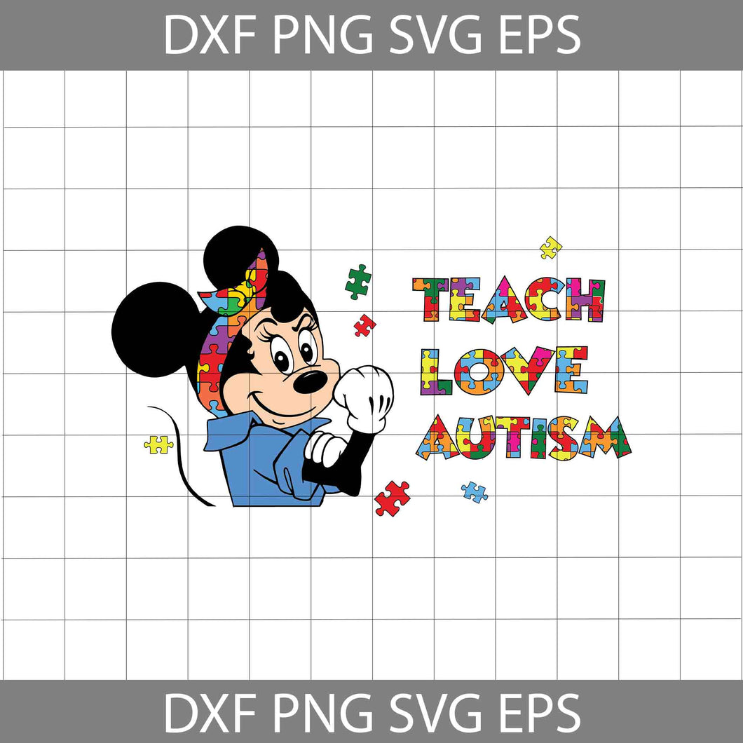 Teach Love Autism Svg, Minnie Autism Svg, Autism Teacher Svg, Minnie Svg, Back To School Svg, Cricut File, Clipart, Svg, Png, Eps, Dxf