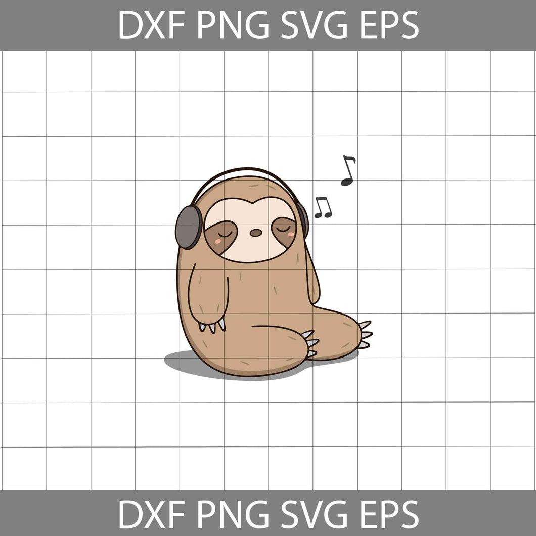 Sloth Listens to Music Scg, Music SVg, Sloth Svg, Animal Svg, Cricut File, Clipart, Svg, Png, Eps, Dxf