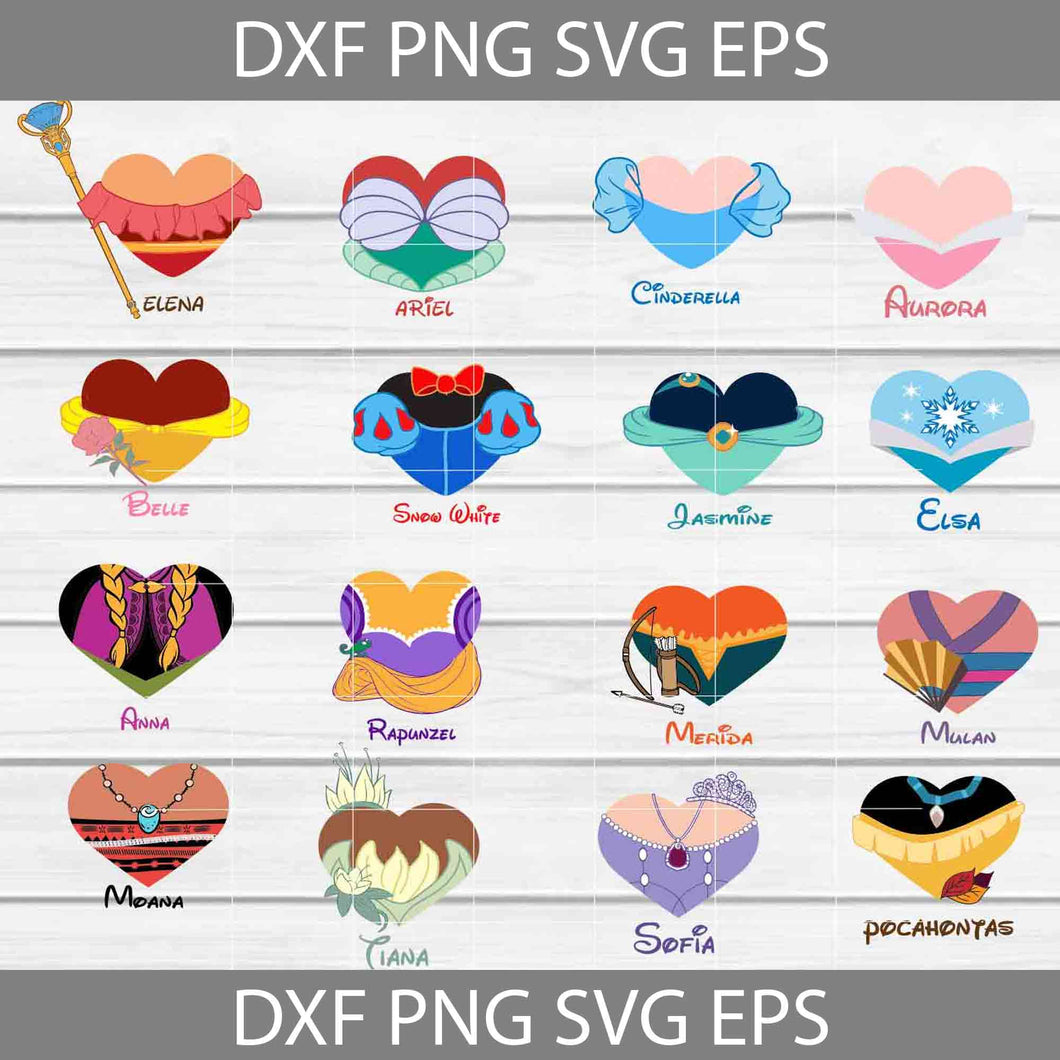 Princesses Valentine Heart Svg, Bundle, Moana Svg, Sofia Svg, Mulan Svg, Tiana Svg, Elena Svg, Jasmine Svg, Elsa Svg, Ariel SVg, Valentine's Day Svg, Cartoon Svg, Gift Svg, Cricut File, Clipart, Svg, Png, Eps, Dxf